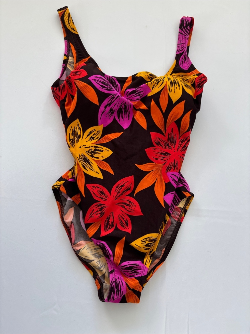 Speedo Floral One-Piece Swimsuit Brown with Pink, Red & Orange Flowers -430sku